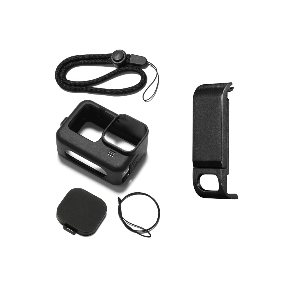 Black Puluz For Gopro Hero10 / Hero9 Silicone Protective Case + Pom Side Interface Cover With Wrist Strap & Lens Cover