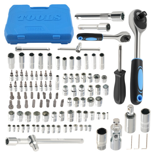 108PCS Drive Ratchet Set 1/2 1/4 Socket Mechanics Tool Kit CR-V Chrome 1