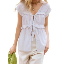 (S, White) Women Cap Sleeve Shirts Solid Color Ruffles Front Tie-Up Blouses Summer Casual Tops Streetwear