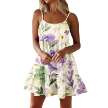 Women Spaghetti Strap Ruffle Tiered Short Flowy-Purple XXL