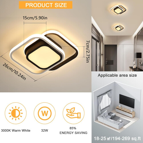 Goeco LED Ceiling Lights, 2 Squares Flush Mount Ceiling Lighting, 32W, 3000K 1