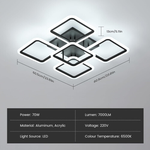 Goeco LED Ceiling Light, 61W 6500K Black Square Design Acrylic Ceiling Light 2