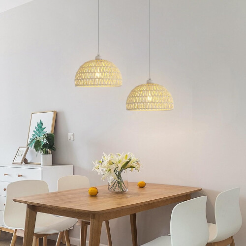 Goeco Hanging Light Rattan Boho Pendant Light, Adjustable Chandelier, E27 2