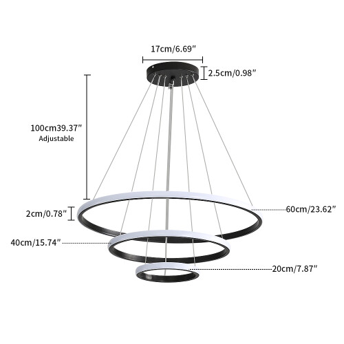 Goeco LED Pendant Light, 3 Rings, with Remote Control, Height Adjustable 36w 1