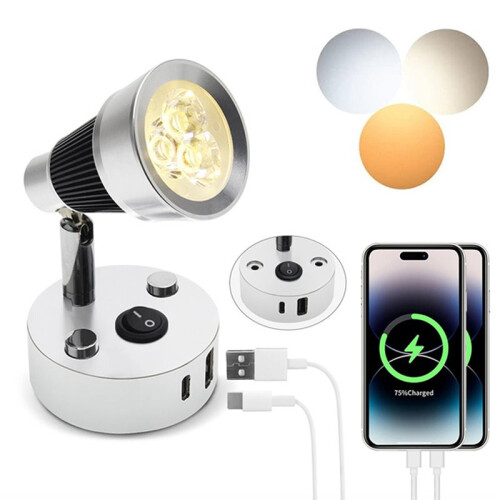 Luminária de Parede LED 12V para Iluminação Interna Versátil em Preto e Prata com Interruptores USB-A e USB-C 6000-6500K 1