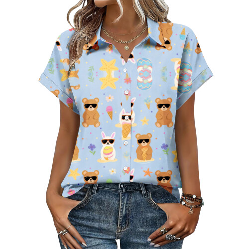 Women's Button-Down Shirts, Short Sleeve,-Royal Blue XXL