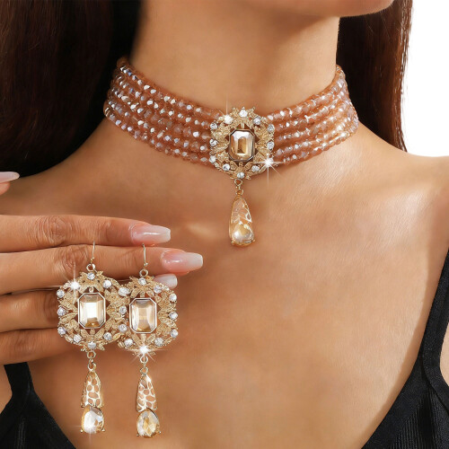 Ensemble de collier à couches de cristaux délicats-Champagne