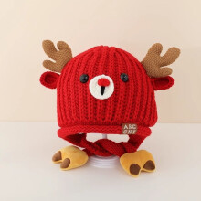 (Red)Toddler Baby Girl Boy Knitted Cap With Wide Brim And Deer Ears For Cold Weather