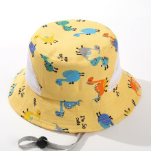(Yellow)Child Wide Brim Sun Hat Cute Dinosaur Print Cotton Material Summer Outdoor Use