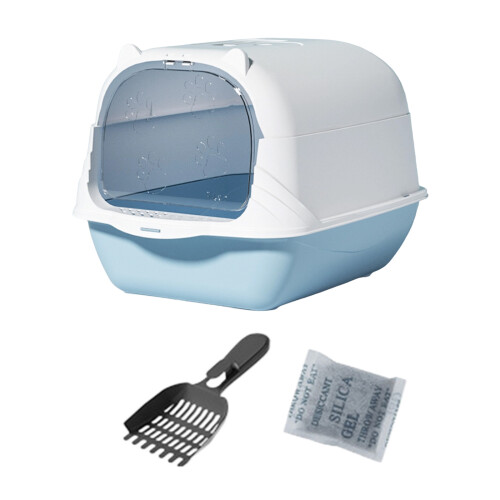 Oversized Cats Litter Pan Enclosure Litter Box with Top-Blue