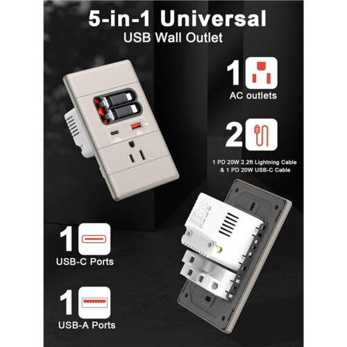Prise Murale USB-C avec Câbles Rétractables, 20 W GaN PD, Inviolable, pour la Maison 1
