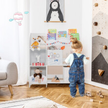 Lasten säilytyskaappi, jossa 5 hyllyä ja 2 kangaslaatikkoa