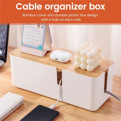 Cable Management Box with Bamboo Lid Small Cable Organizer Box for Extension Cord Power Stripe Surge Protector(White) 1