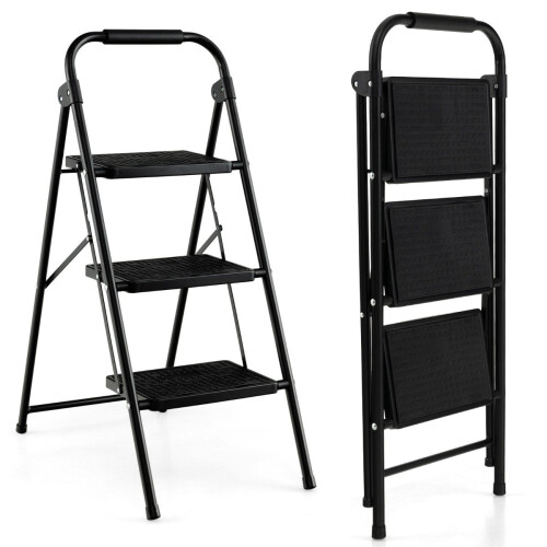 3-Step Folding Ladder, Non-Slip, Metal, Black