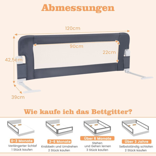 Foldable Toddler Bed Rail with Adjustable Straps, 121x40.5x42 cm, Gray 1