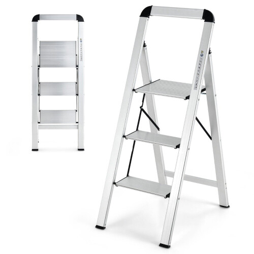3-Step Folding Aluminum Ladder, Non-Slip, Portable