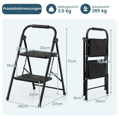 2-Step Folding Ladder with Padded Handle, 47x39x71 cm, Black 2