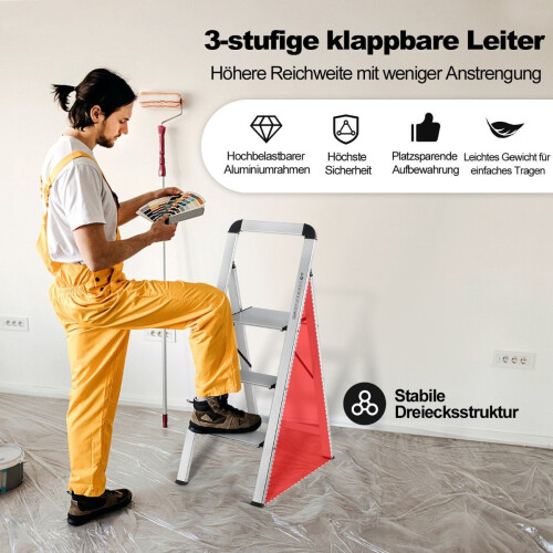 3-Step Folding Aluminum Ladder, Non-Slip, Portable 1