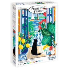 Acrylfarbe - SENTOSPHERE - Künstlerpalette - Die Katze am Fenster - Malen nach Zahlen für Erwachsene - Leinwandbild