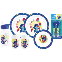 Geschirrset - FUN HOUSE - DISNEY LILO UND STITCH - 2 Gläser, 2 flache Teller Ø22 cm, tiefer Teller Ø16 cm, Besteck, Trinkflasche