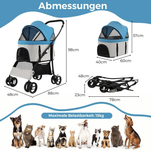 3-in-1 Pet Stroller, Foldable, Up to 15kg, Blue 1