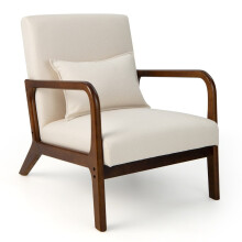 Woonkamer loungestoel, gewatteerd, houten armleuningen, beige