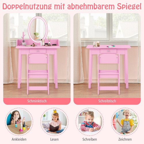 Coiffeuse pour enfants avec tabouret, miroir LED et rangement