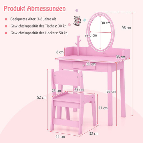 Coiffeuse pour enfants avec tabouret, miroir LED et rangement 2