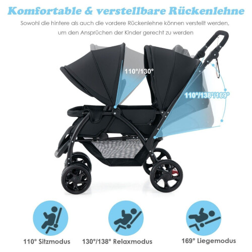 Poussette double pliable avec dossier réglable, noire