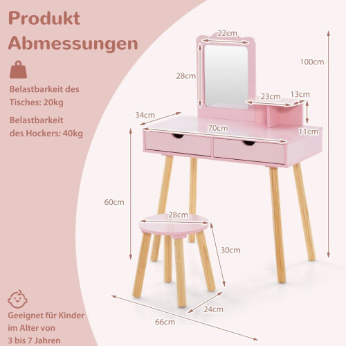 Kids Vanity & Desk Set with Removable Mirror, Pink 2