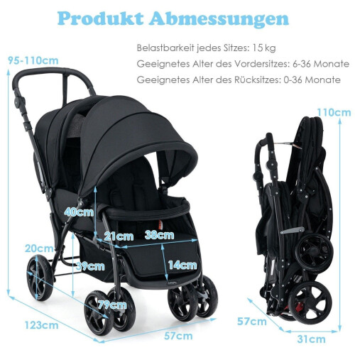 Poussette double pliable avec dossier réglable, noire 2