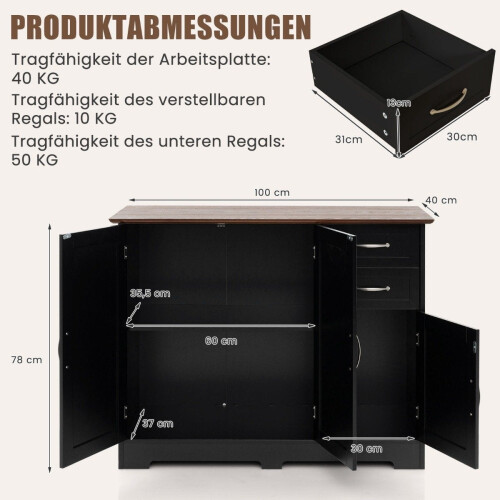 Black Kitchen Sideboard with Adjustable Shelves & Drawers 2