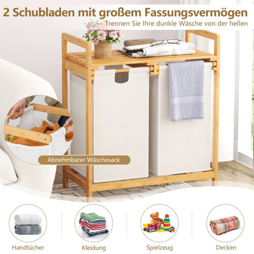 Wasmand met 2 uitneembare zakken, bamboe, wit