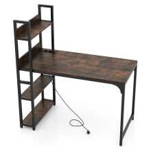 Mesa de computador com estação de carregamento e estante, marrom