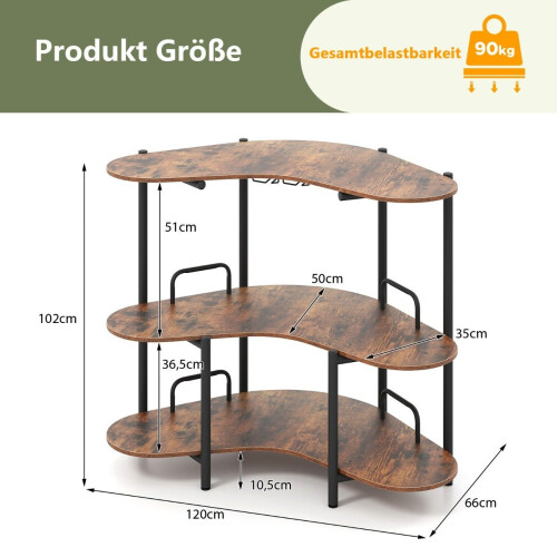 3-stufiger Stehtisch mit Glashalter und Metallrahmen, Braun 1