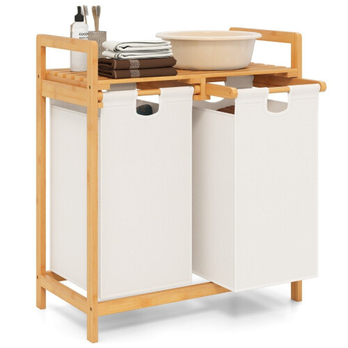 Wasmand met 2 uitneembare zakken, bamboe, wit 1