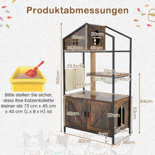 Cat Tree with Hidden Litter Box Cabinet, Brown, Multi-Functional 1