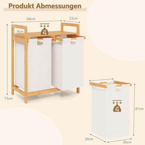 Wasmand met 2 uitneembare zakken, bamboe, wit 2