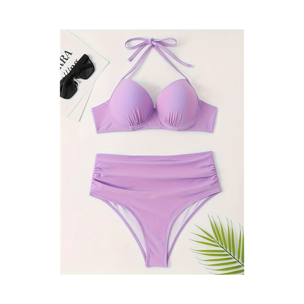 (Violets, M) Bikini swimsuit pure color sexy split swimsuit two-piece set high waist slim spa vacation swimsuit-image-OPC-PTDQJDX-NEW