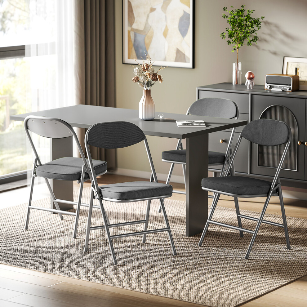 Rackhams Dark/Grey Folding Chairs Set Of 4 With Cushioned Seat, Steel Frame - Corduroy (100% Polyester) - Powder Coated Steel - Image 3