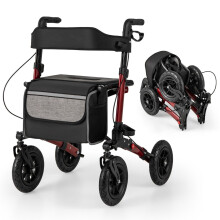 Foldable Lightweight Rollator with Air Tires, Red, 140kg Capacity