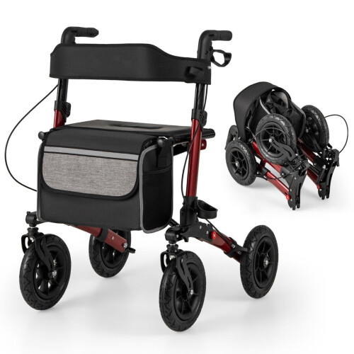 Foldable Lightweight Rollator with Air Tires, Red, 140kg Capacity