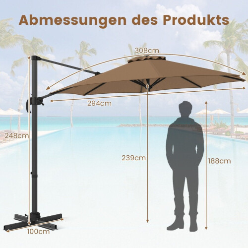 Guarda-chuva Cantilever ajustável de 300 cm com manivela, marrom