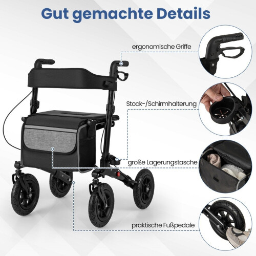 Foldable Lightweight Rollator with Air Tires, Aluminum, 140 kg Capacity 2