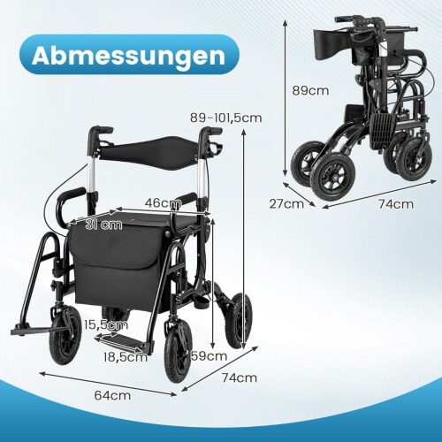 Rollator a invalidní vozík 2 v 1, lehký, skládací, černý 1