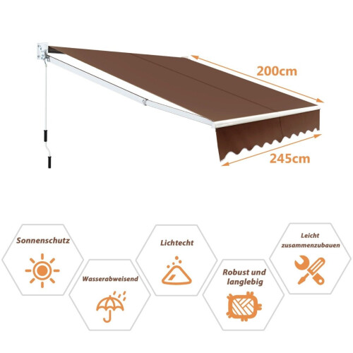 Toldo retrátil 2,5x2m, resistente a UV e água, marrom 1