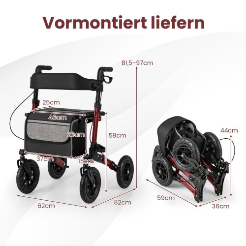 Foldable Lightweight Rollator with Air Tires, Red, 140kg Capacity 1