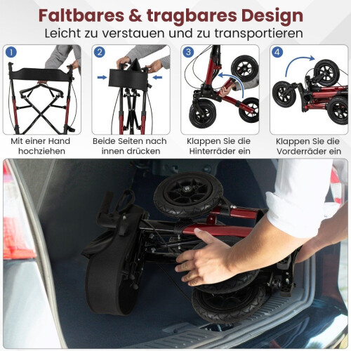 Foldable Lightweight Rollator with Air Tires, Red, 140kg Capacity 2