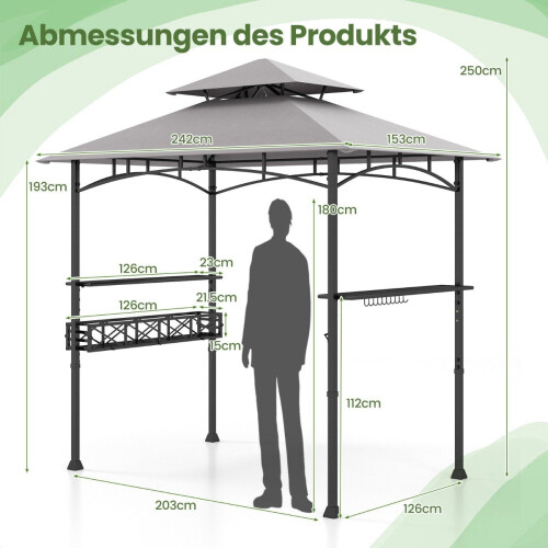 Gazebo para churrasqueira ao ar livre com teto duplo e prateleiras laterais 1