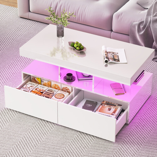 White Coffee Table LED High Gloss Rectangle Table
